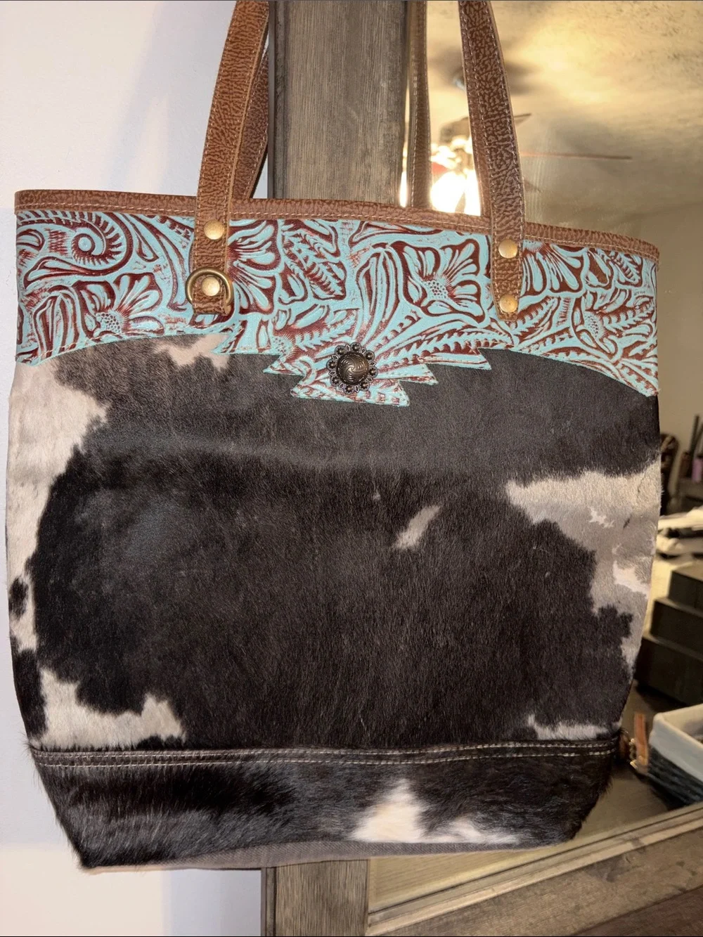 Myra Bag Black & White Cowhide Tote with Turquoise Tooled Trim